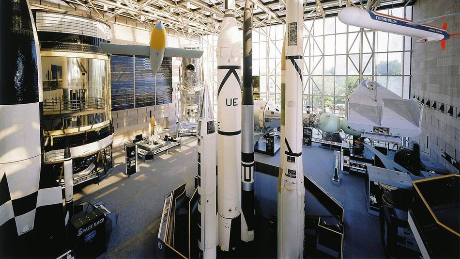 Wide shot of a room full of rockets at the National Museum of Air and Space in Washington, D.C., USA